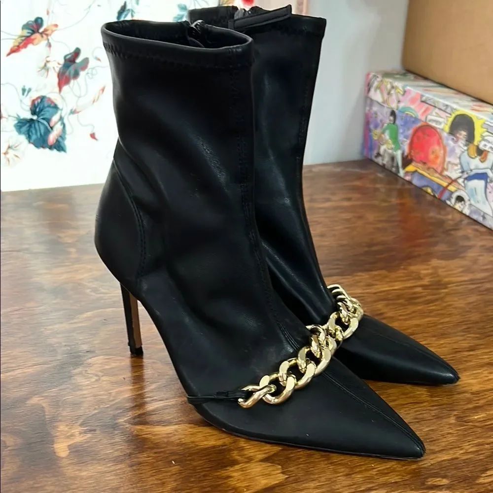 Zara Black Ankle Boots with Gold Chain